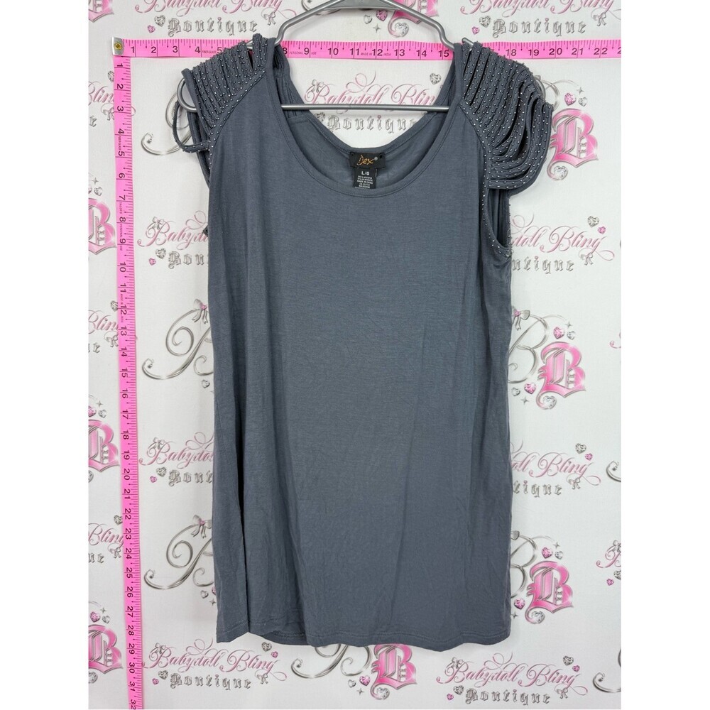 Dex Gray Sleeveless Tank with Beaded Ruched Shoulders beads